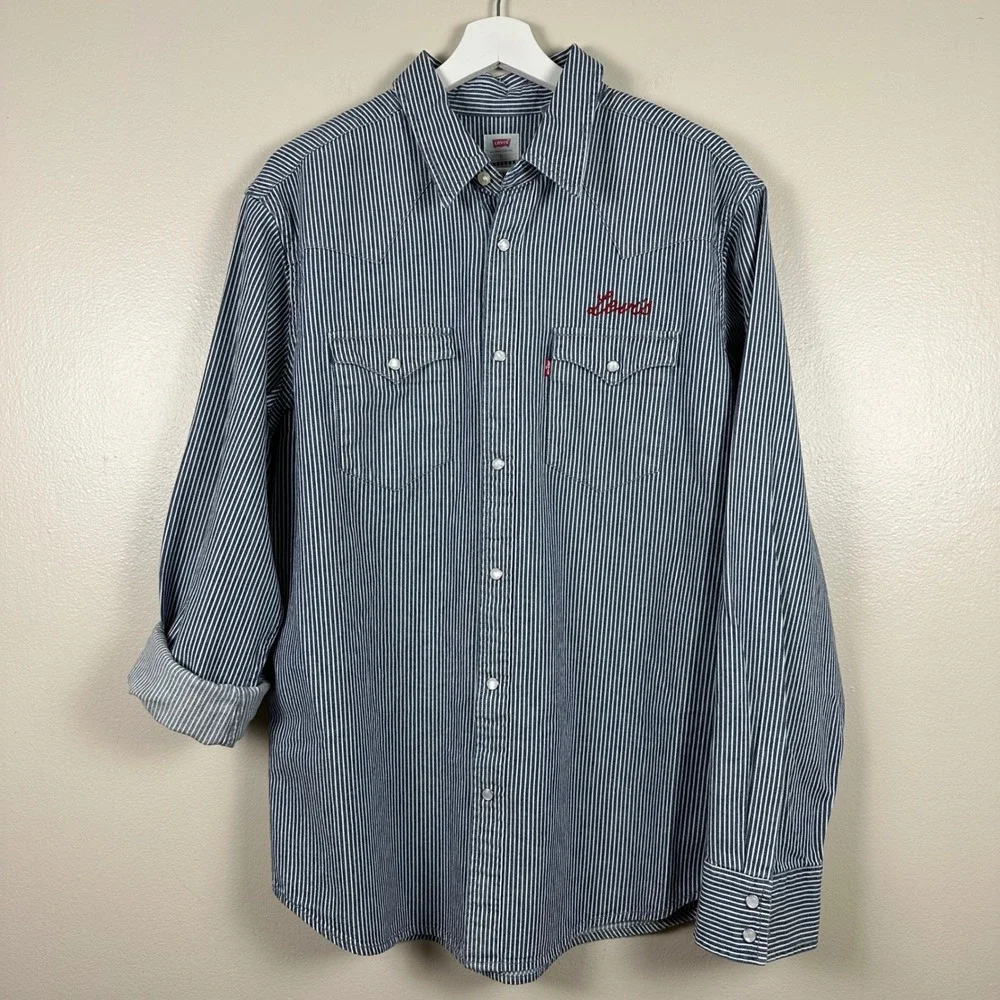 Levi's Men's L Western Shirt Blue White Striped Snap Front Locomotive‎ Train NEW